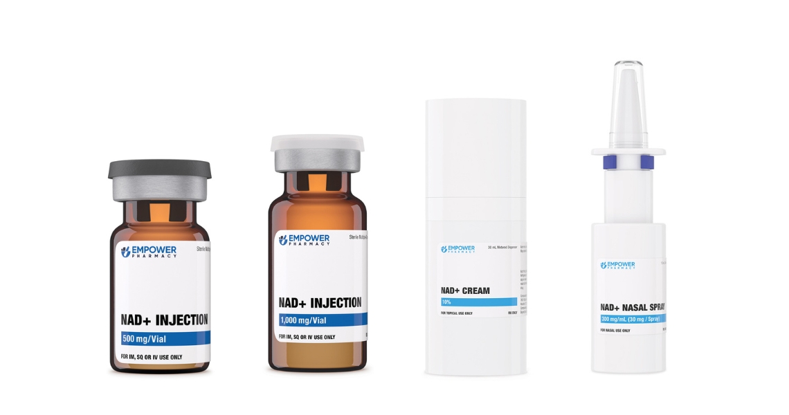 Four of Empower Pharmacy's NAD products lined up in a horizontal row.