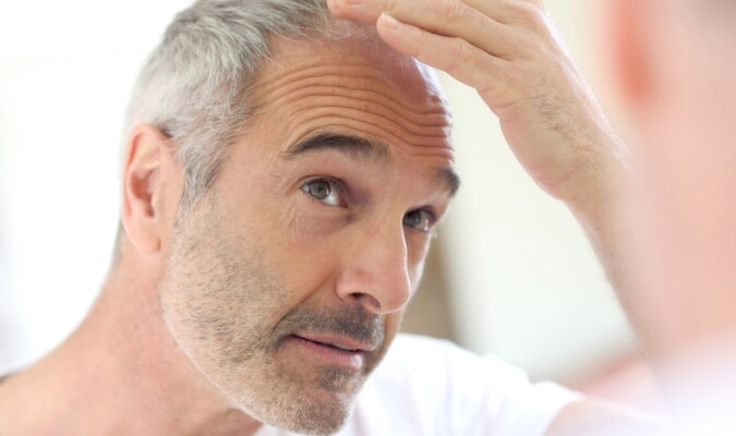 A middle-aged man with gray hair inspecting his hair with his hand.