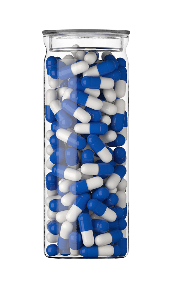 A clear vial with white and blue capsules.