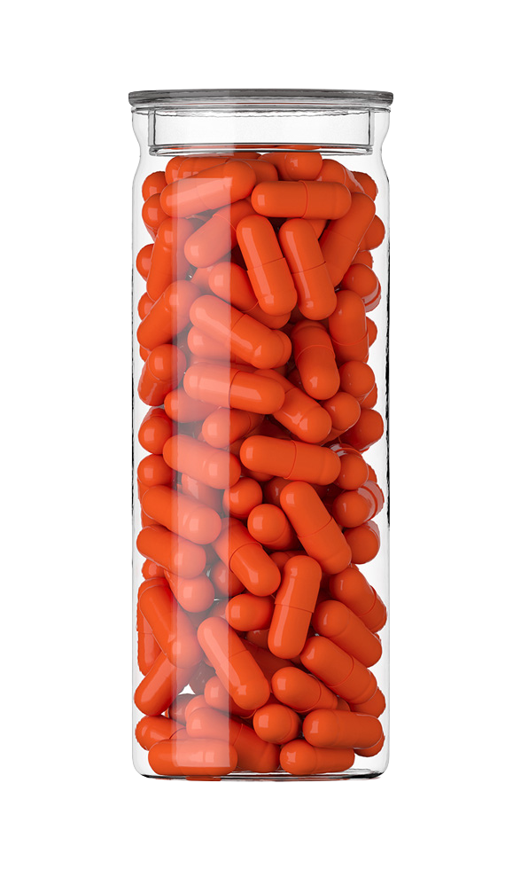 A clear vial filled with orange capsules.
