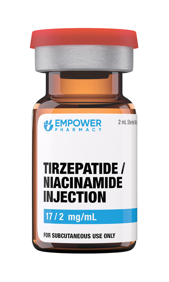 An amber vial of Empower Pharmacy's Tirzepatide / Niacinamide Injection.