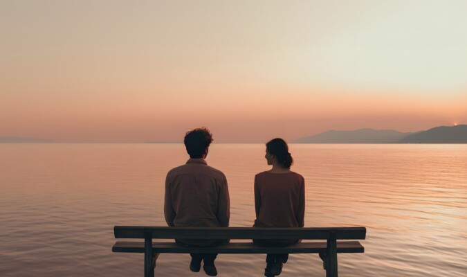 Two people sitting on a bench looking out over a body of water.