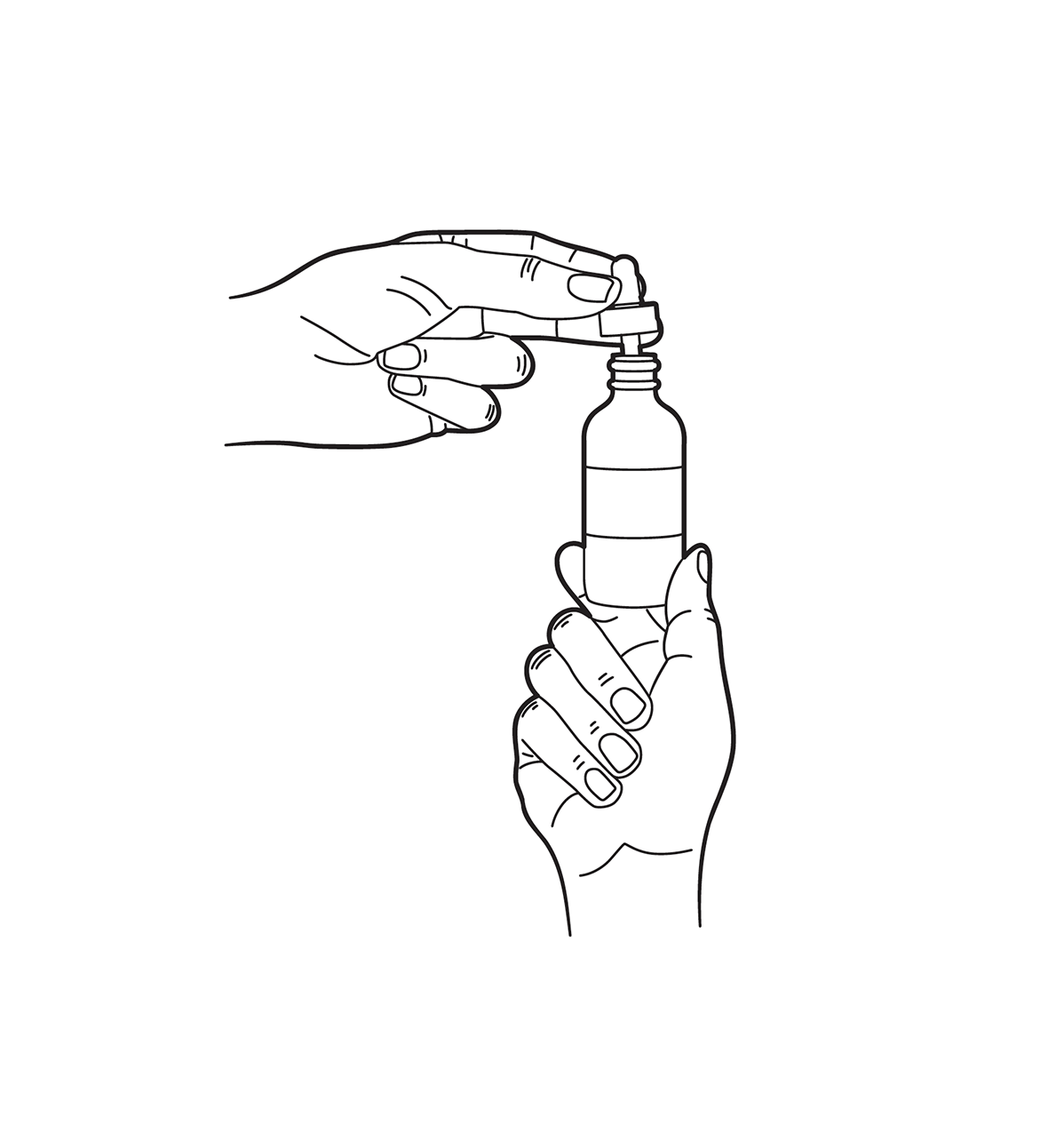 A drawn hand holding a vial with a dropper