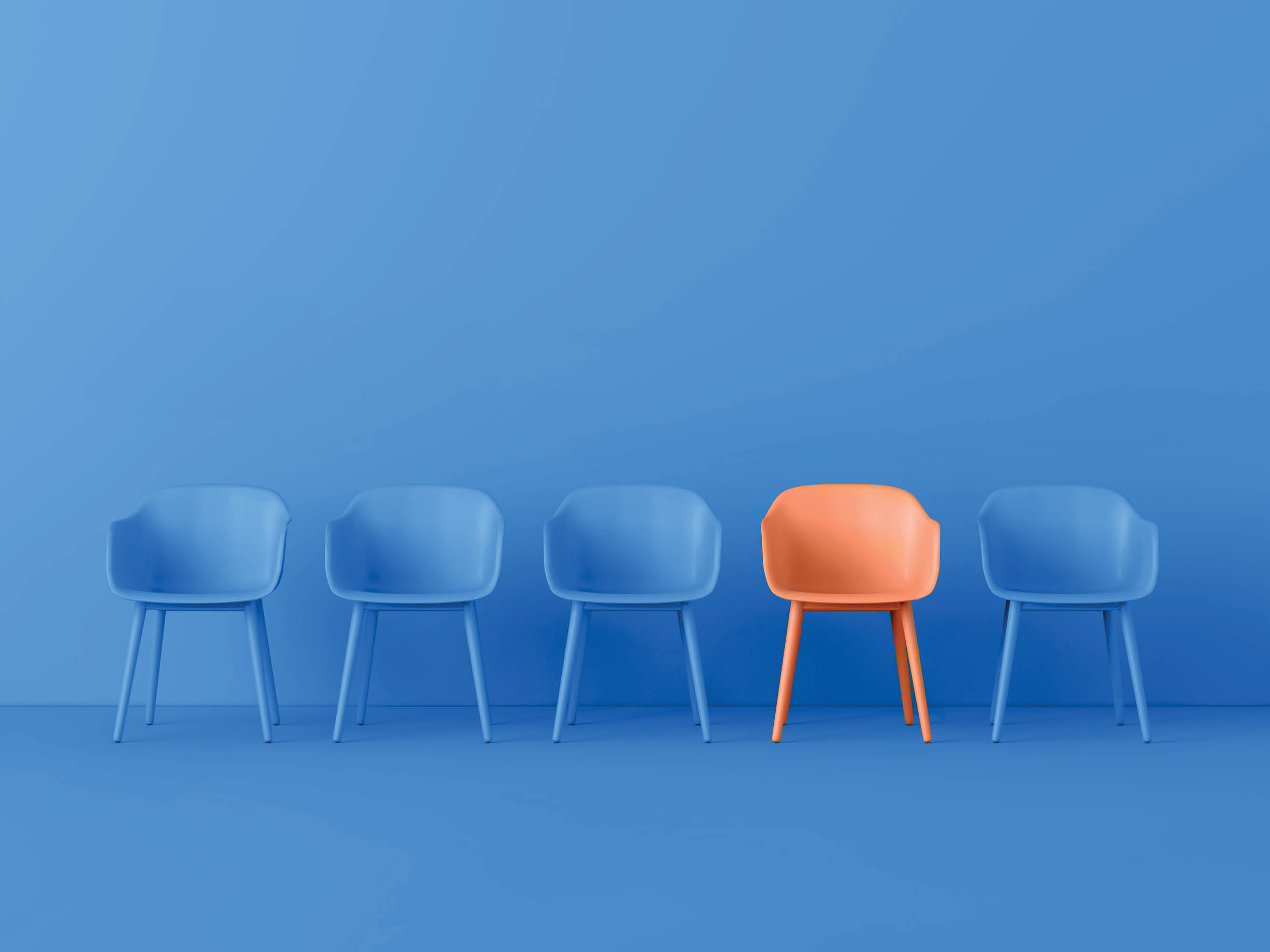 set of 5 chairs, 4 are blue, 1 is orange to stand out