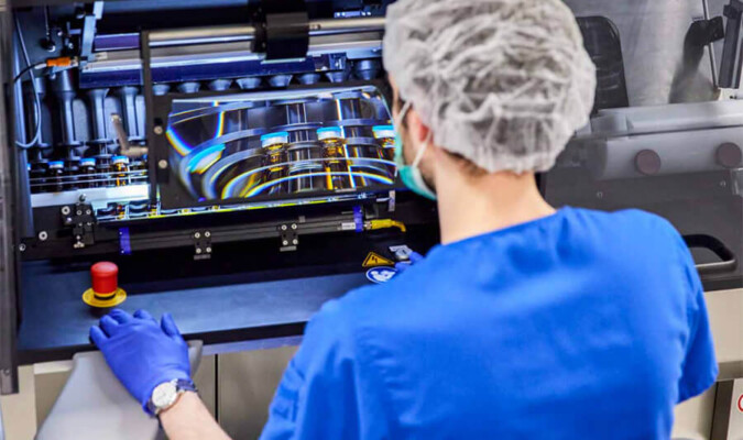 Pharmacist looking at med magnify